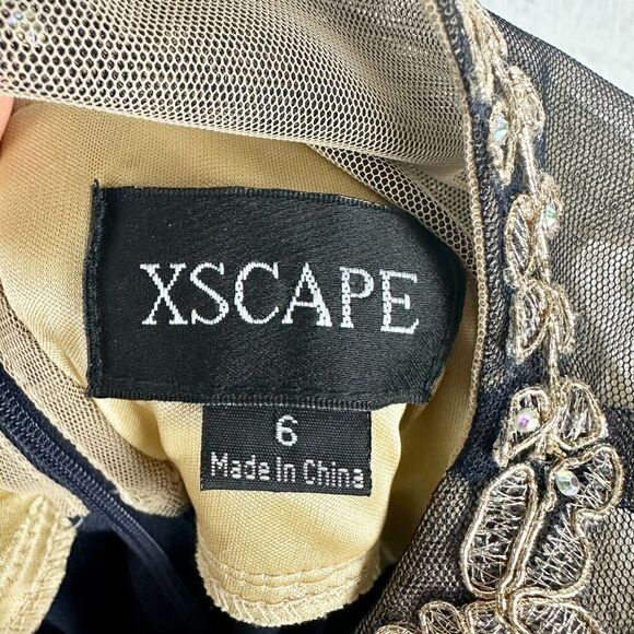 Xscape Noah Illusion Long Sleeve Lace Matte Jersey Gown Ruched Size 6 Navy Gold - Picture 15 of 16